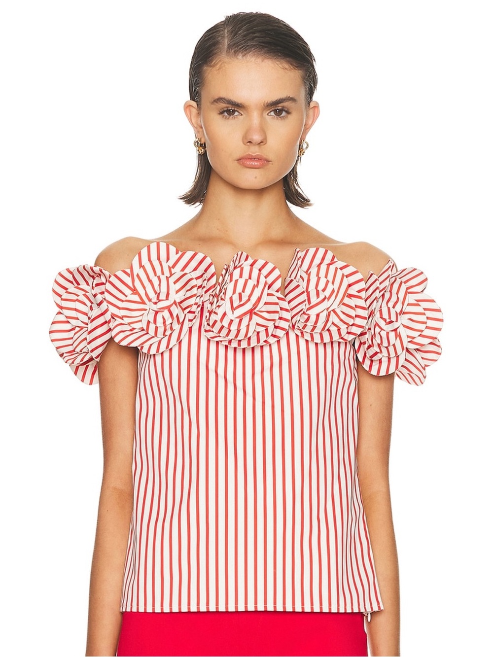 Striped Off-Shoulder Floral Trim Tunic in Red & White